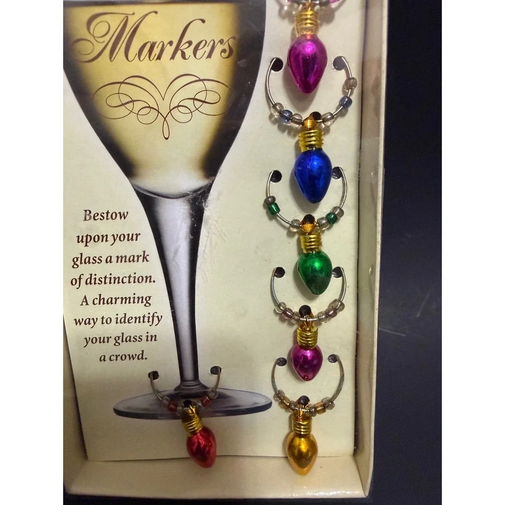 Boston Warehouse Christmas Light Bulb Wine Glass Charms Set of 6 Holiday Markers